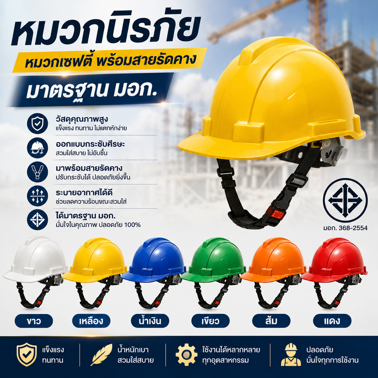 หมวกนิรภัย หมวกเซฟตี้ พร้อมสายรัดคาง มาตรฐาน มอก.