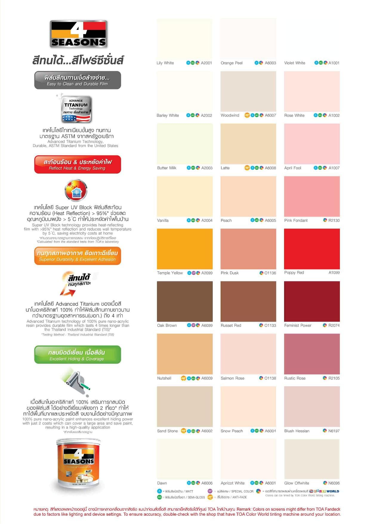 สี TOA โฟร์ซีซั่นส์ สีขาว ทาภายในและภายนอก ชนิดด้าน ขนาด 1/4 แกลลอน TOA 4 Season สีทาบ้าน